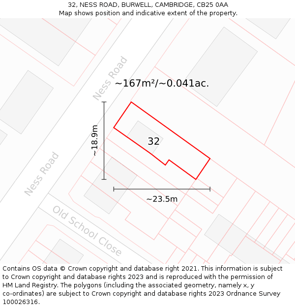 32, NESS ROAD, BURWELL, CAMBRIDGE, CB25 0AA: Plot and title map