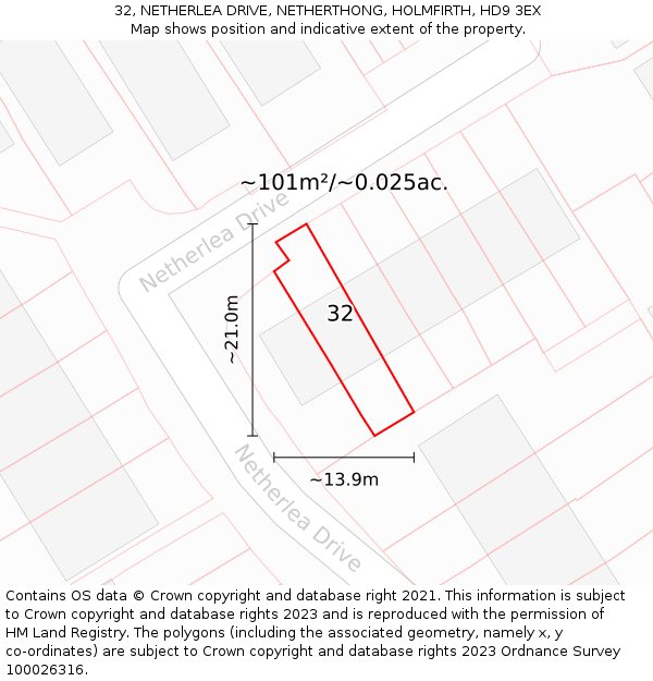 32, NETHERLEA DRIVE, NETHERTHONG, HOLMFIRTH, HD9 3EX: Plot and title map