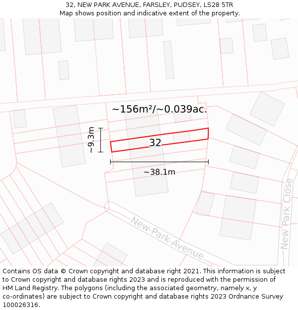 32, NEW PARK AVENUE, FARSLEY, PUDSEY, LS28 5TR: Plot and title map
