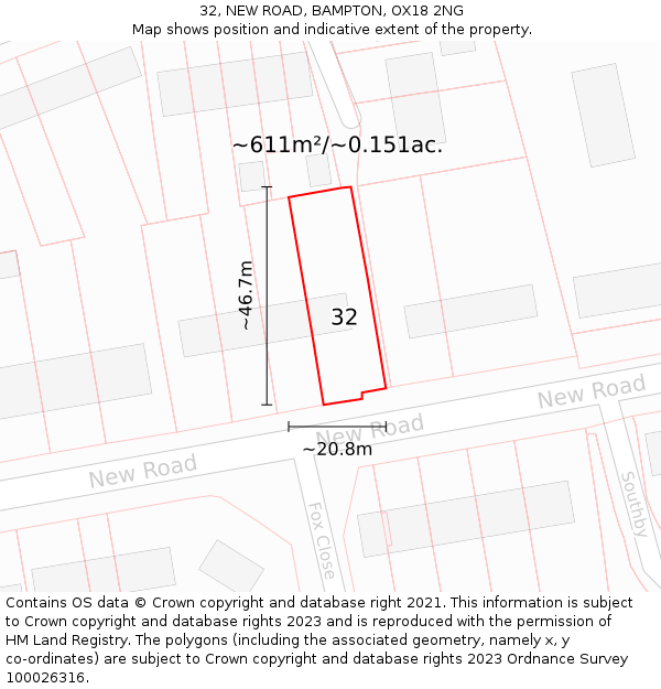 32, NEW ROAD, BAMPTON, OX18 2NG: Plot and title map