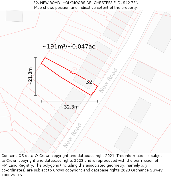 32, NEW ROAD, HOLYMOORSIDE, CHESTERFIELD, S42 7EN: Plot and title map
