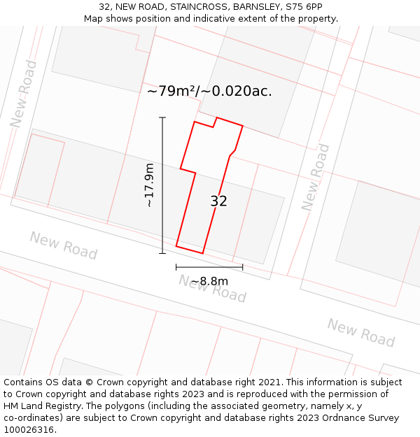 32, NEW ROAD, STAINCROSS, BARNSLEY, S75 6PP: Plot and title map