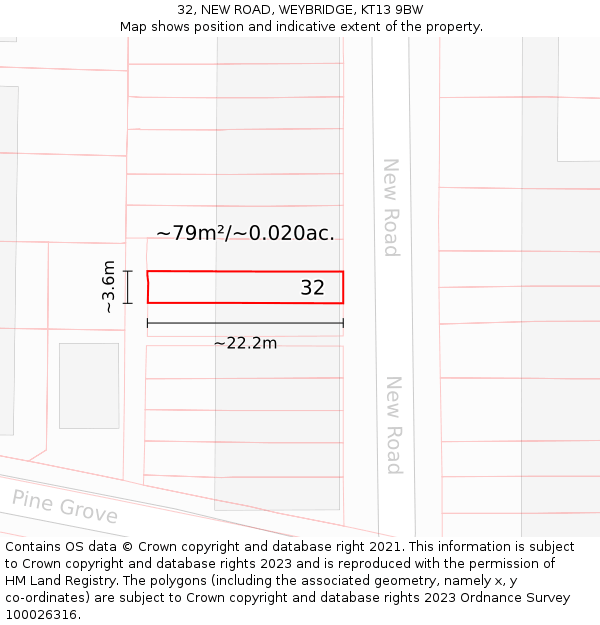 32, NEW ROAD, WEYBRIDGE, KT13 9BW: Plot and title map
