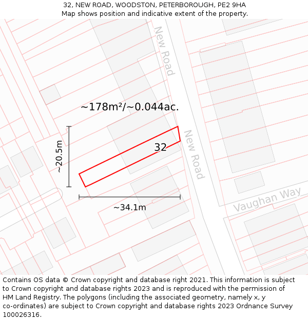 32, NEW ROAD, WOODSTON, PETERBOROUGH, PE2 9HA: Plot and title map