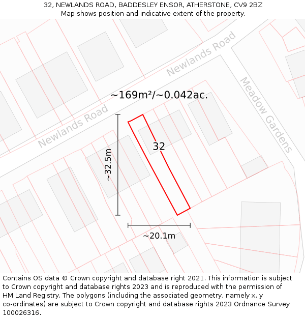 32, NEWLANDS ROAD, BADDESLEY ENSOR, ATHERSTONE, CV9 2BZ: Plot and title map