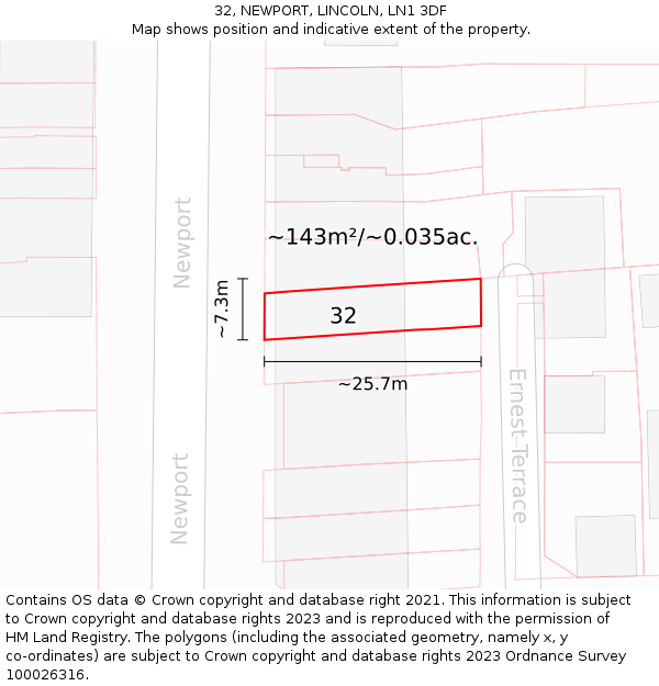 32, NEWPORT, LINCOLN, LN1 3DF: Plot and title map