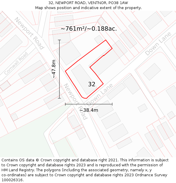 32, NEWPORT ROAD, VENTNOR, PO38 1AW: Plot and title map