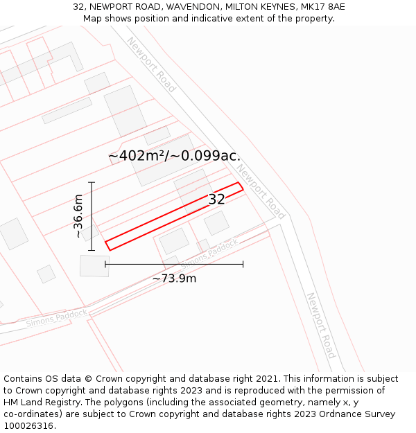 32, NEWPORT ROAD, WAVENDON, MILTON KEYNES, MK17 8AE: Plot and title map