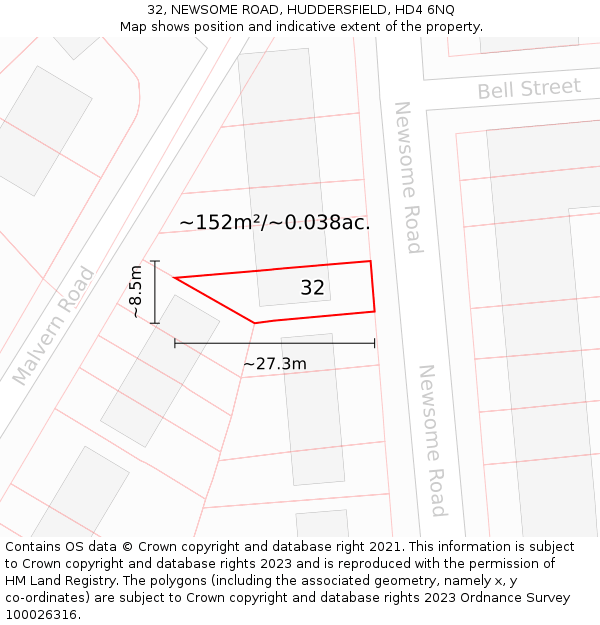 32, NEWSOME ROAD, HUDDERSFIELD, HD4 6NQ: Plot and title map