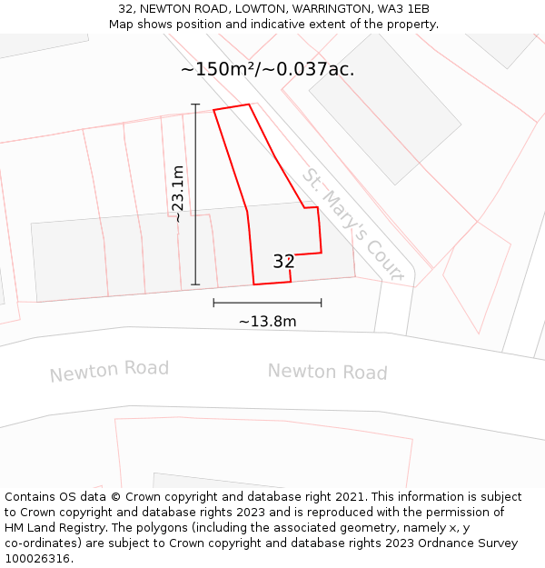 32, NEWTON ROAD, LOWTON, WARRINGTON, WA3 1EB: Plot and title map