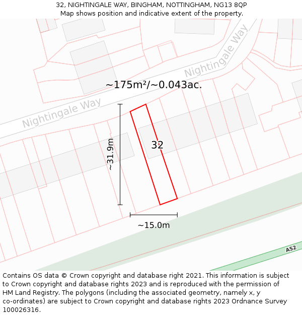32, NIGHTINGALE WAY, BINGHAM, NOTTINGHAM, NG13 8QP: Plot and title map