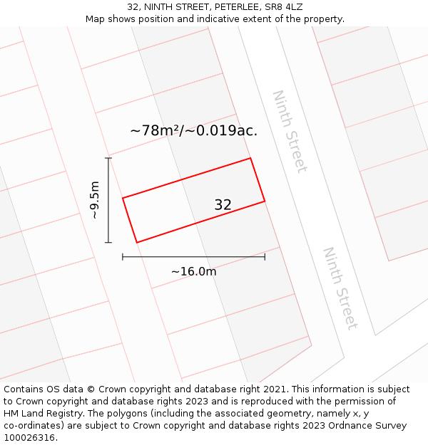 32, NINTH STREET, PETERLEE, SR8 4LZ: Plot and title map