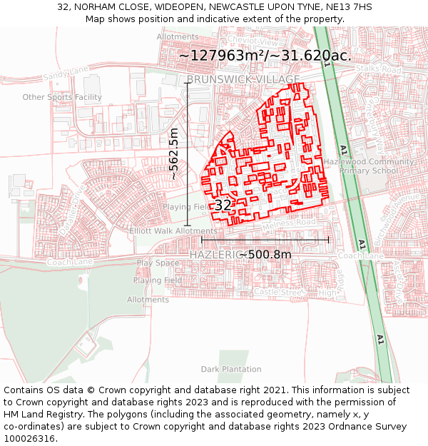32, NORHAM CLOSE, WIDEOPEN, NEWCASTLE UPON TYNE, NE13 7HS: Plot and title map