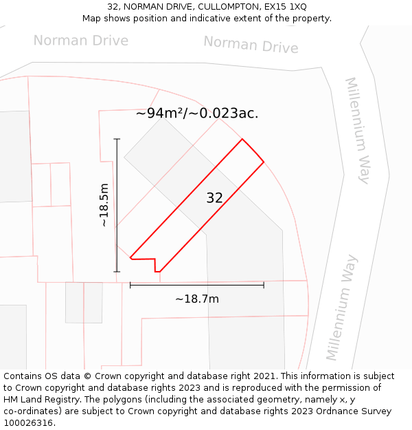 32, NORMAN DRIVE, CULLOMPTON, EX15 1XQ: Plot and title map