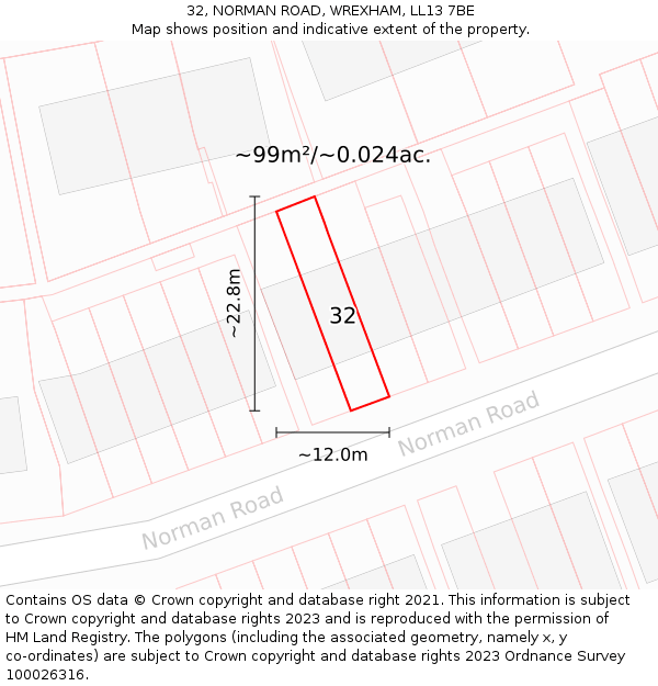 32, NORMAN ROAD, WREXHAM, LL13 7BE: Plot and title map
