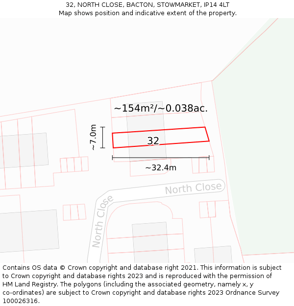 32, NORTH CLOSE, BACTON, STOWMARKET, IP14 4LT: Plot and title map