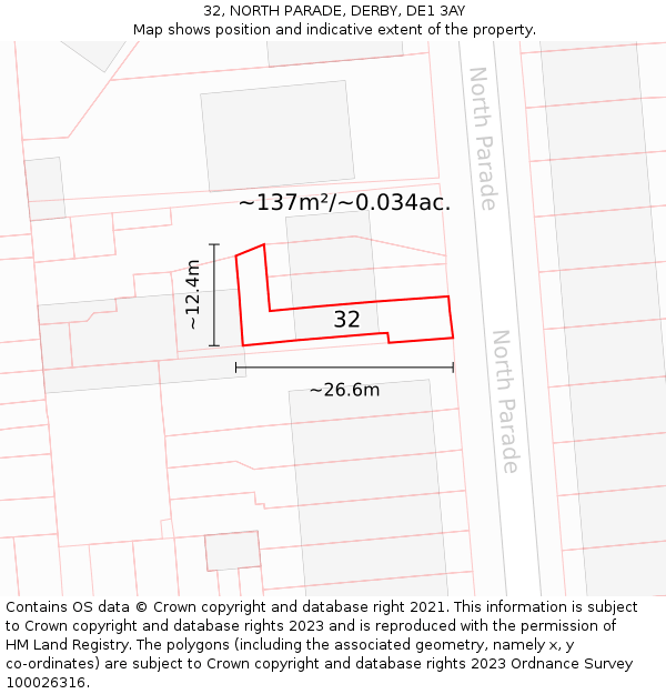 32, NORTH PARADE, DERBY, DE1 3AY: Plot and title map