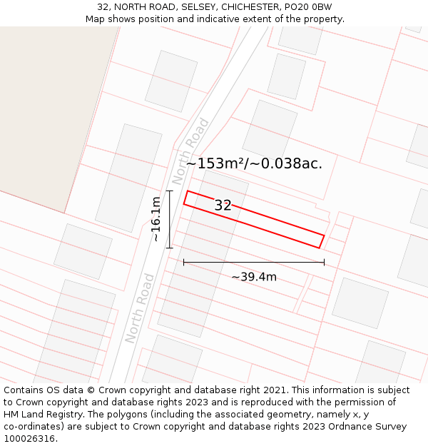 32, NORTH ROAD, SELSEY, CHICHESTER, PO20 0BW: Plot and title map