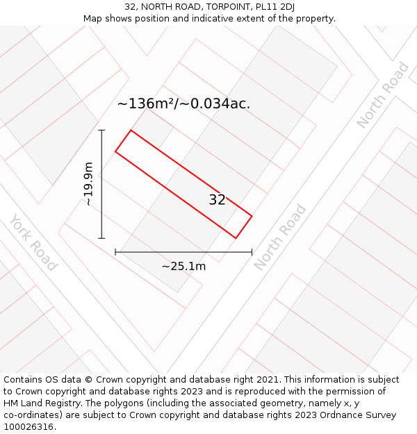 32, NORTH ROAD, TORPOINT, PL11 2DJ: Plot and title map