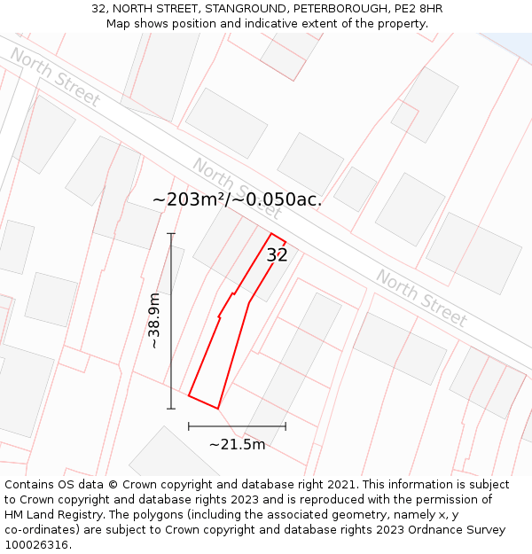 32, NORTH STREET, STANGROUND, PETERBOROUGH, PE2 8HR: Plot and title map