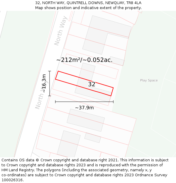 32, NORTH WAY, QUINTRELL DOWNS, NEWQUAY, TR8 4LA: Plot and title map