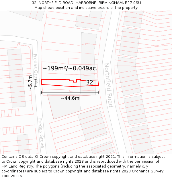 32, NORTHFIELD ROAD, HARBORNE, BIRMINGHAM, B17 0SU: Plot and title map