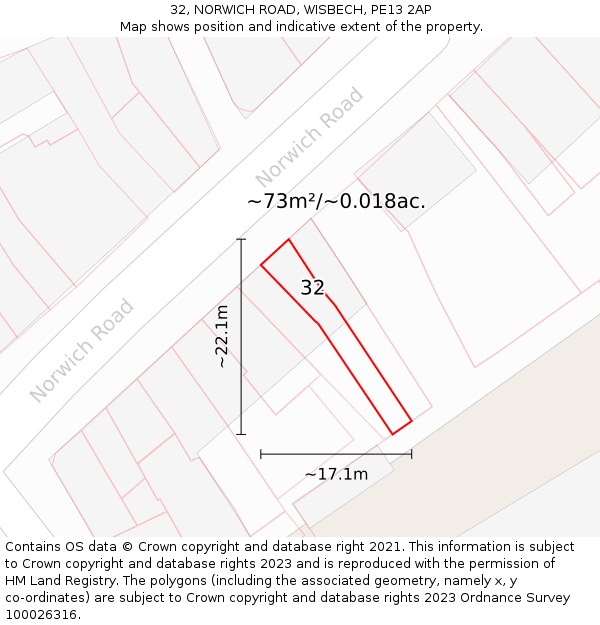 32, NORWICH ROAD, WISBECH, PE13 2AP: Plot and title map