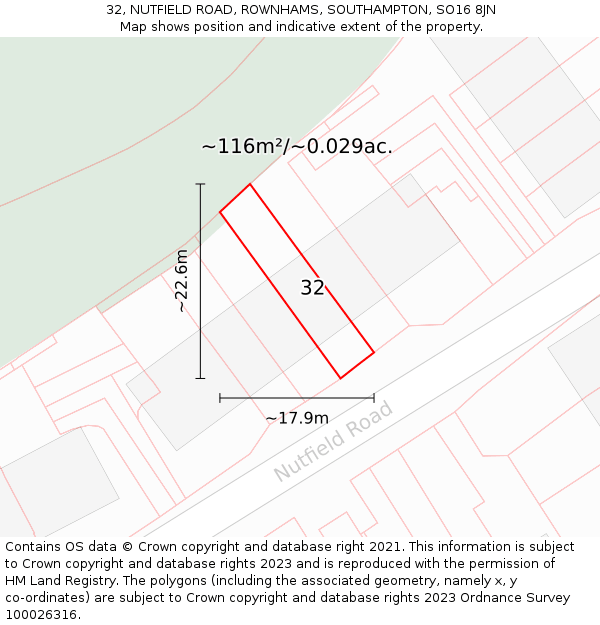 32, NUTFIELD ROAD, ROWNHAMS, SOUTHAMPTON, SO16 8JN: Plot and title map