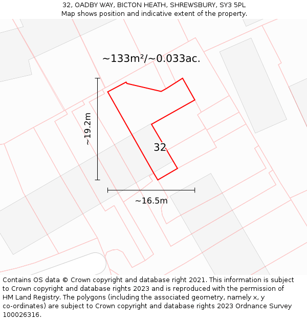 32, OADBY WAY, BICTON HEATH, SHREWSBURY, SY3 5PL: Plot and title map