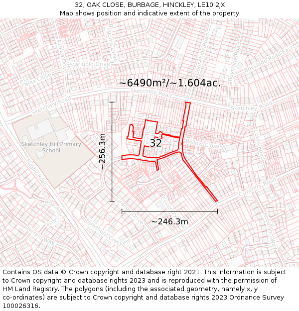 32, OAK CLOSE, BURBAGE, HINCKLEY, LE10 2JX: Plot and title map