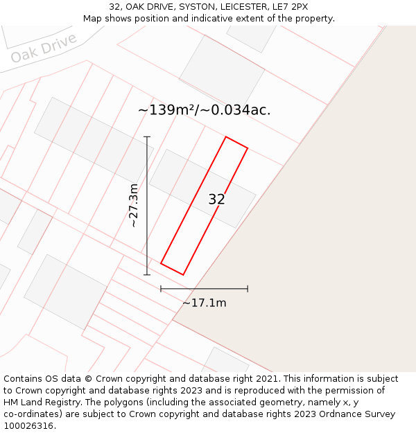 32, OAK DRIVE, SYSTON, LEICESTER, LE7 2PX: Plot and title map
