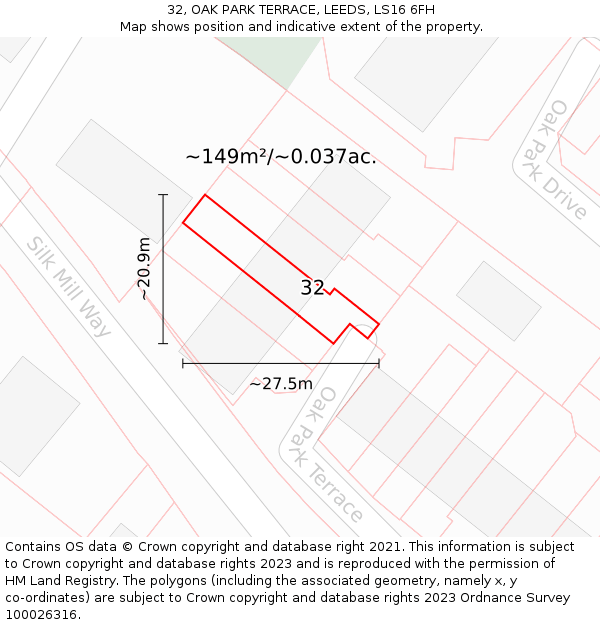 32, OAK PARK TERRACE, LEEDS, LS16 6FH: Plot and title map