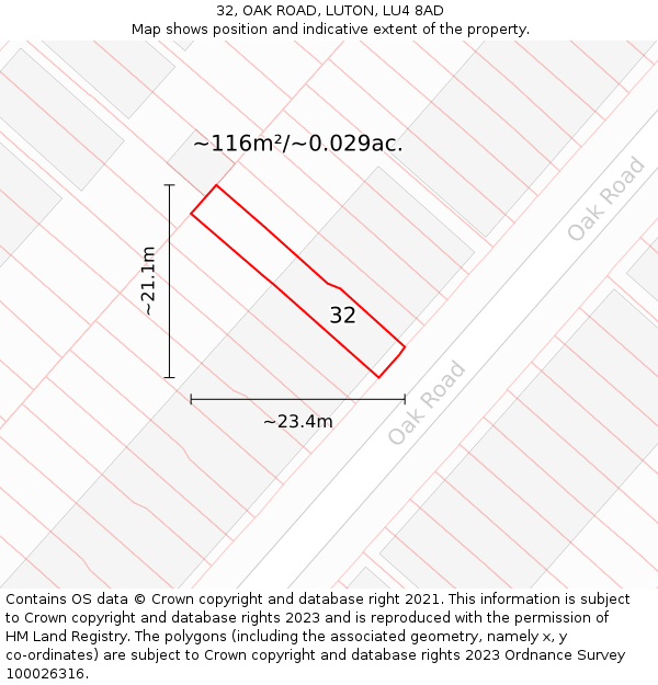 32, OAK ROAD, LUTON, LU4 8AD: Plot and title map