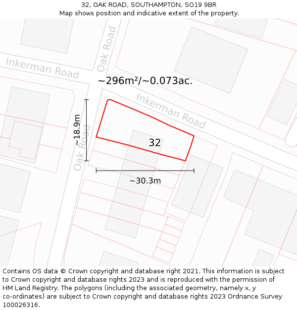 32, OAK ROAD, SOUTHAMPTON, SO19 9BR: Plot and title map