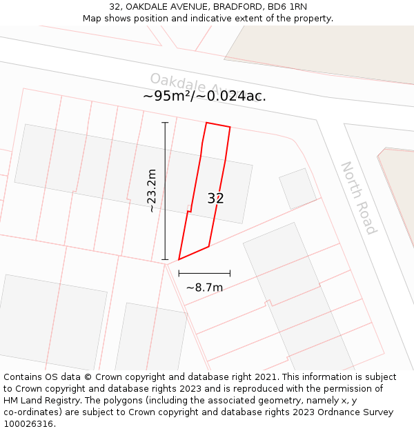32, OAKDALE AVENUE, BRADFORD, BD6 1RN: Plot and title map