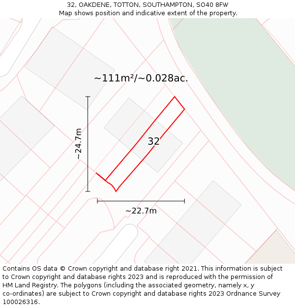 32, OAKDENE, TOTTON, SOUTHAMPTON, SO40 8FW: Plot and title map