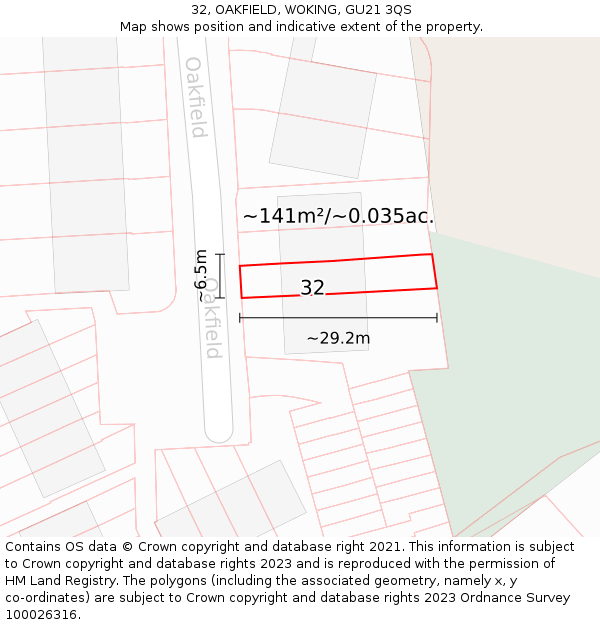32, OAKFIELD, WOKING, GU21 3QS: Plot and title map