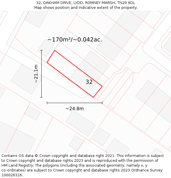32, OAKHAM DRIVE, LYDD, ROMNEY MARSH, TN29 9DL: Plot and title map