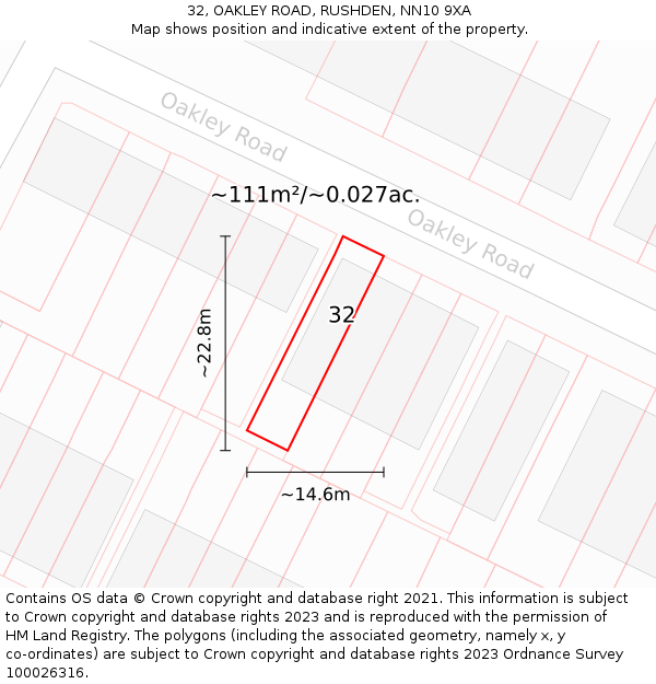 32, OAKLEY ROAD, RUSHDEN, NN10 9XA: Plot and title map