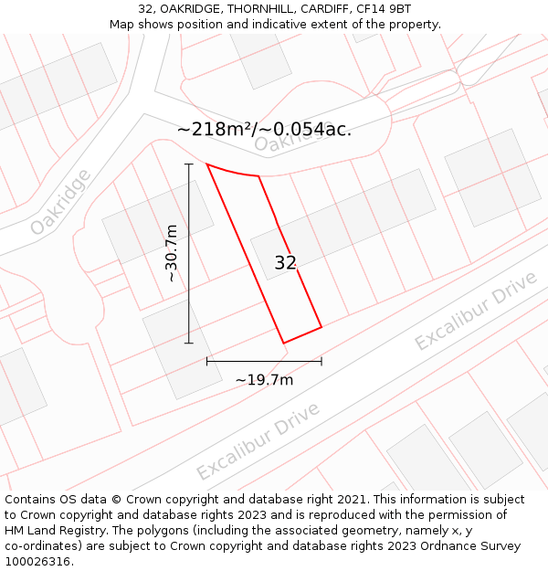 32, OAKRIDGE, THORNHILL, CARDIFF, CF14 9BT: Plot and title map