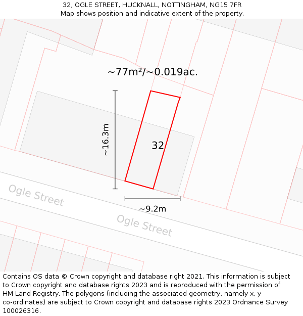 32, OGLE STREET, HUCKNALL, NOTTINGHAM, NG15 7FR: Plot and title map