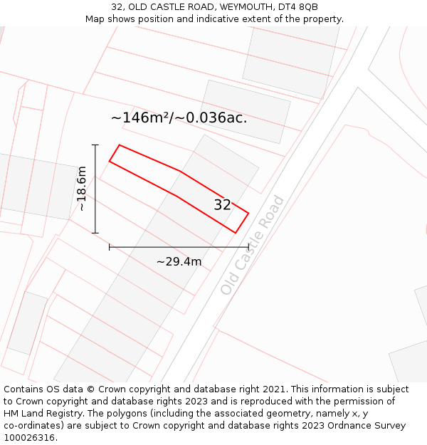 32, OLD CASTLE ROAD, WEYMOUTH, DT4 8QB: Plot and title map
