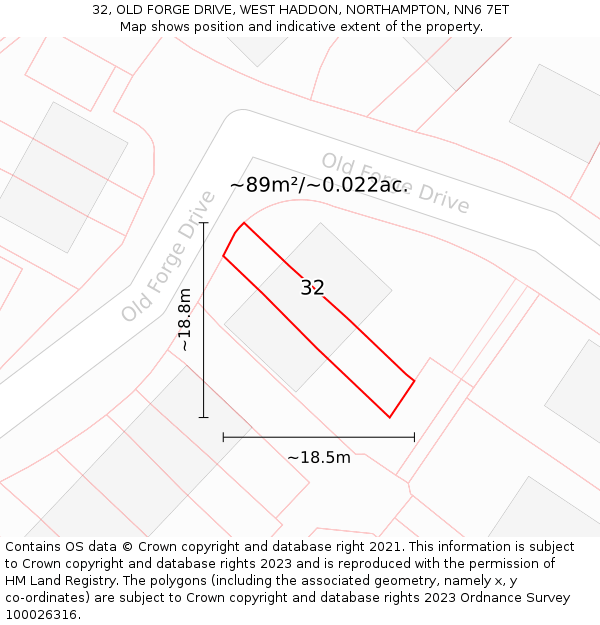 32, OLD FORGE DRIVE, WEST HADDON, NORTHAMPTON, NN6 7ET: Plot and title map