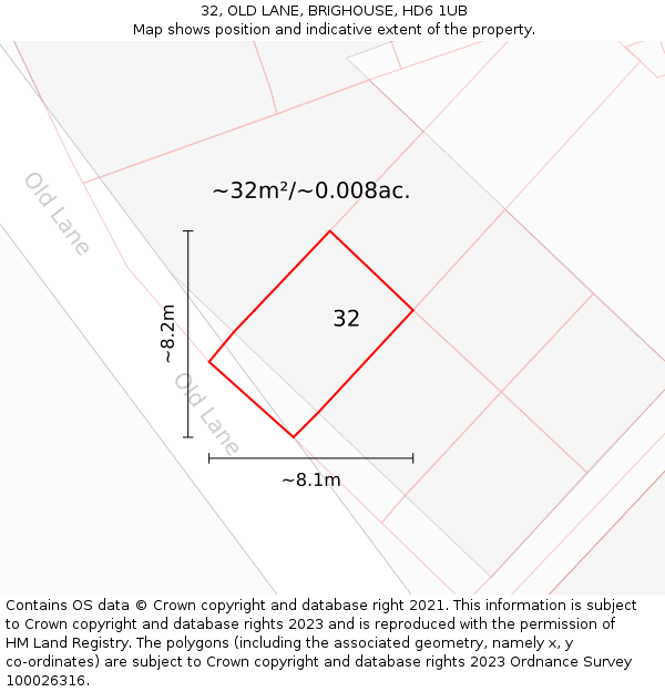 32, OLD LANE, BRIGHOUSE, HD6 1UB: Plot and title map