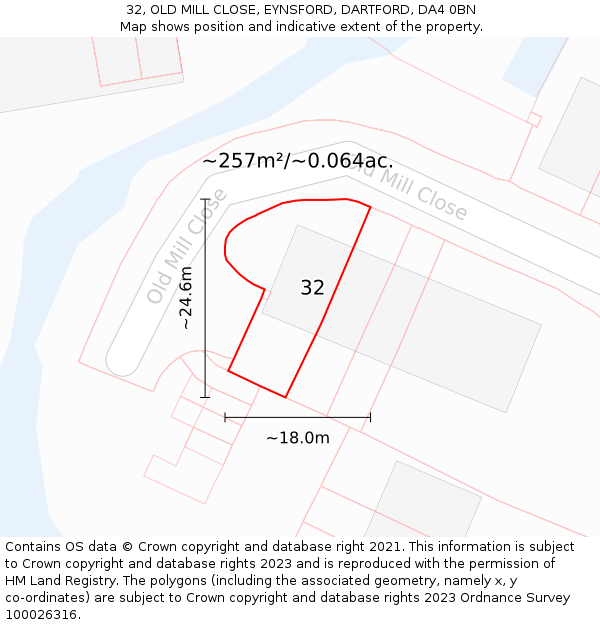 32, OLD MILL CLOSE, EYNSFORD, DARTFORD, DA4 0BN: Plot and title map