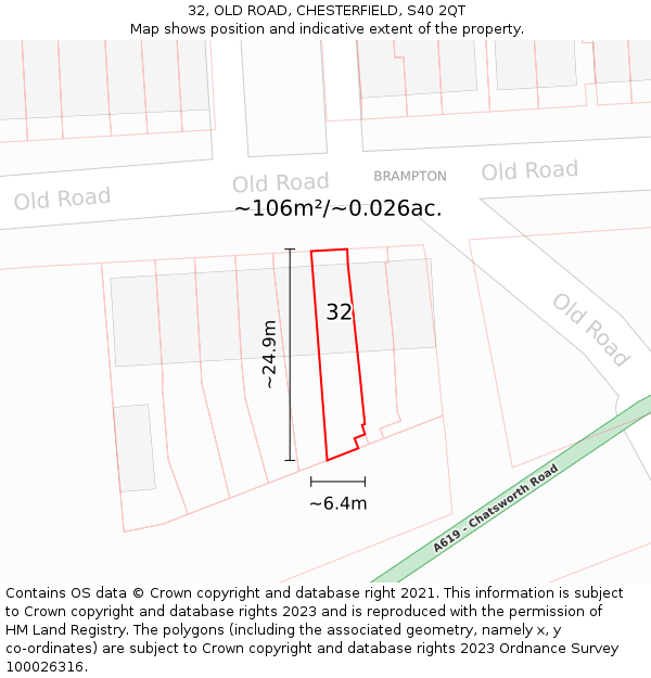 32, OLD ROAD, CHESTERFIELD, S40 2QT: Plot and title map