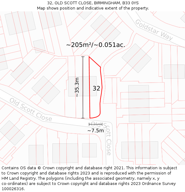 32, OLD SCOTT CLOSE, BIRMINGHAM, B33 0YS: Plot and title map