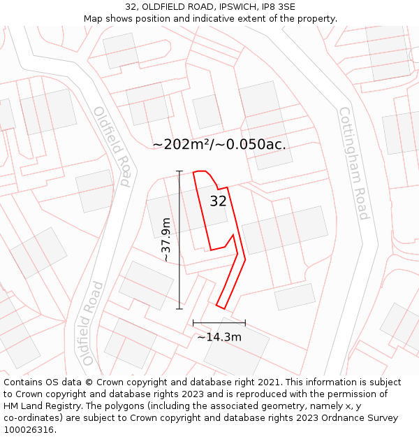 32, OLDFIELD ROAD, IPSWICH, IP8 3SE: Plot and title map