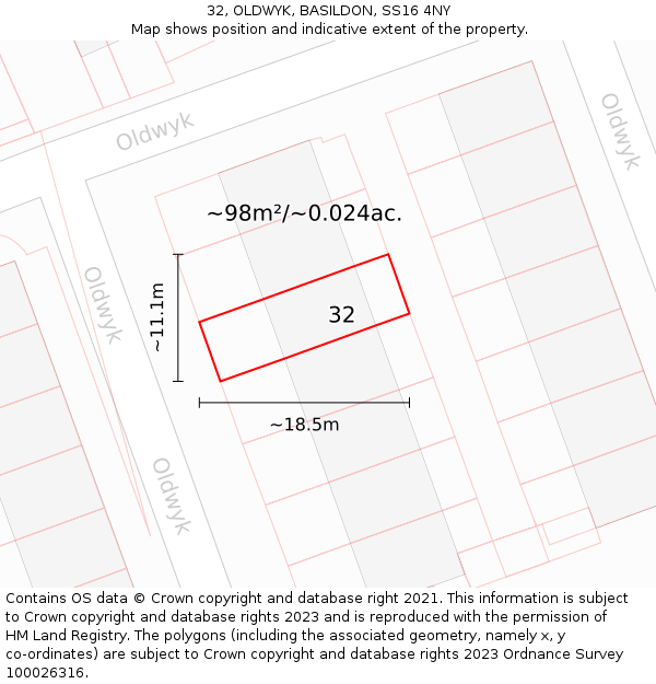 32, OLDWYK, BASILDON, SS16 4NY: Plot and title map