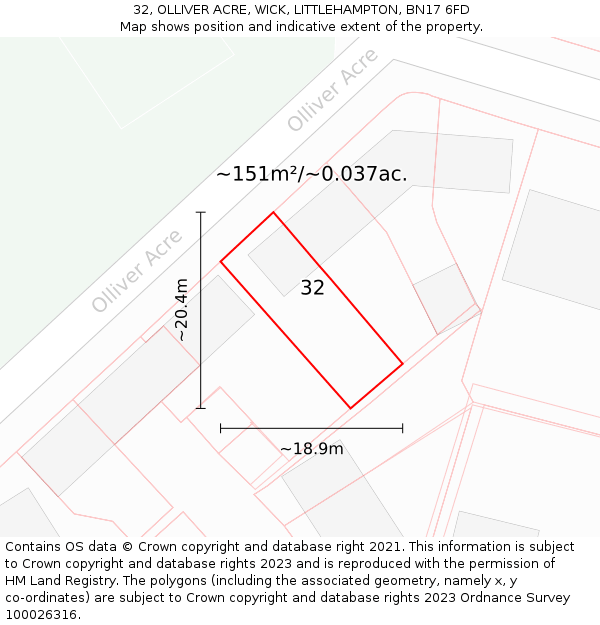 32, OLLIVER ACRE, WICK, LITTLEHAMPTON, BN17 6FD: Plot and title map
